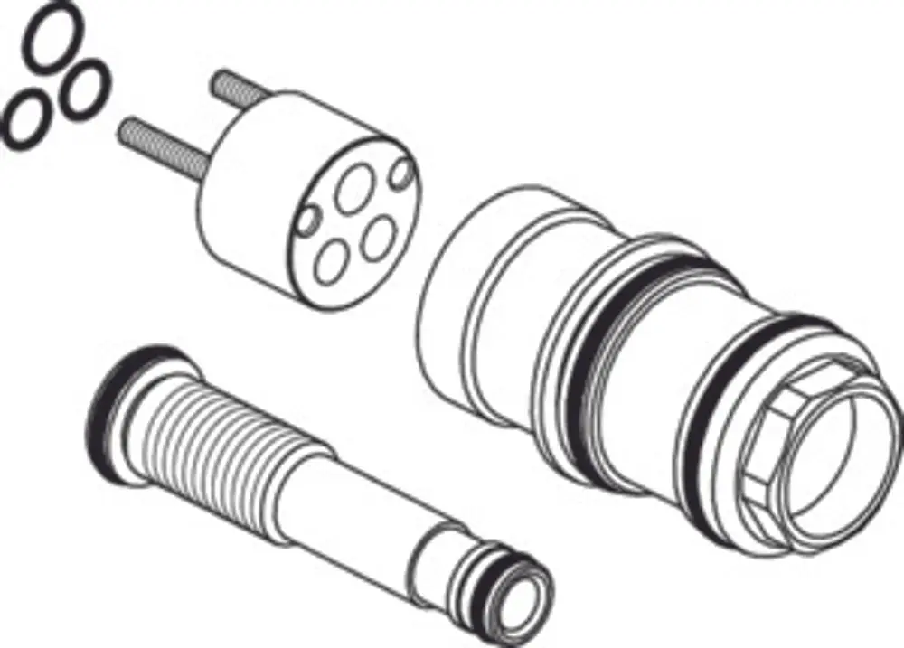 Ideal Standard Baukomponente, bestehend aus einer Verlängerung, einem Zylinder mit Aussparungen und mehreren Dichtungsringen. Klar konturiertes Design mit mehreren Elementen.